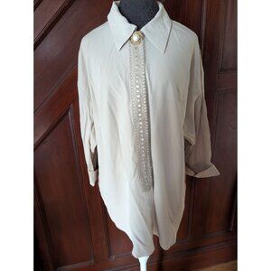 R&M Richards Beige Button-Up Blouse 14W W/ Decorative Pearl Button & Lace Trim